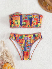 Printed Strapless Bikini Set Retro Tie-Front Two-Piece Swimsuit Elegant Swimwear Swimming