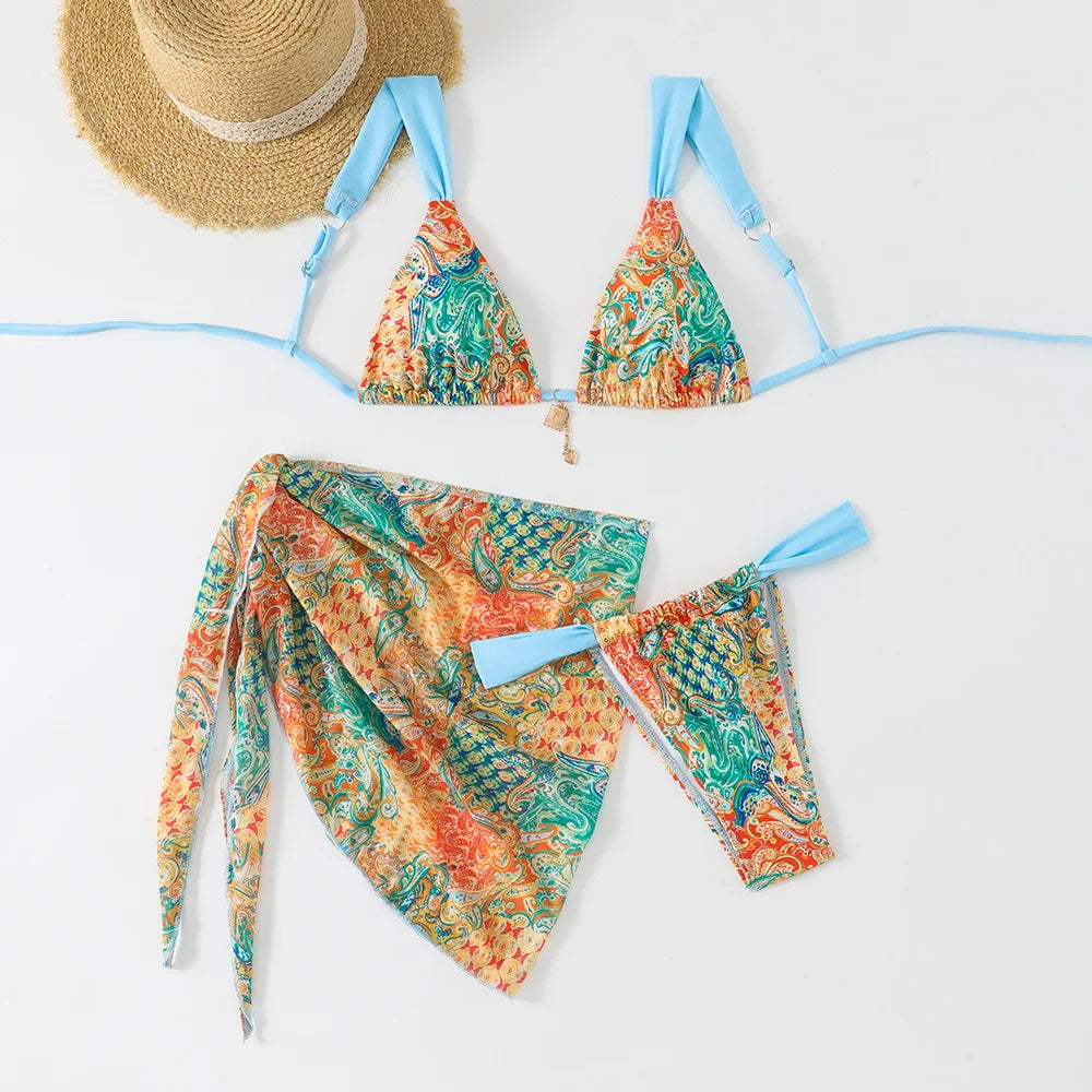 Bikini Set Wide Strap Top Thongs Panties Mesh Cover-Up 3-Piece Swimwear Outfit Three Pieces