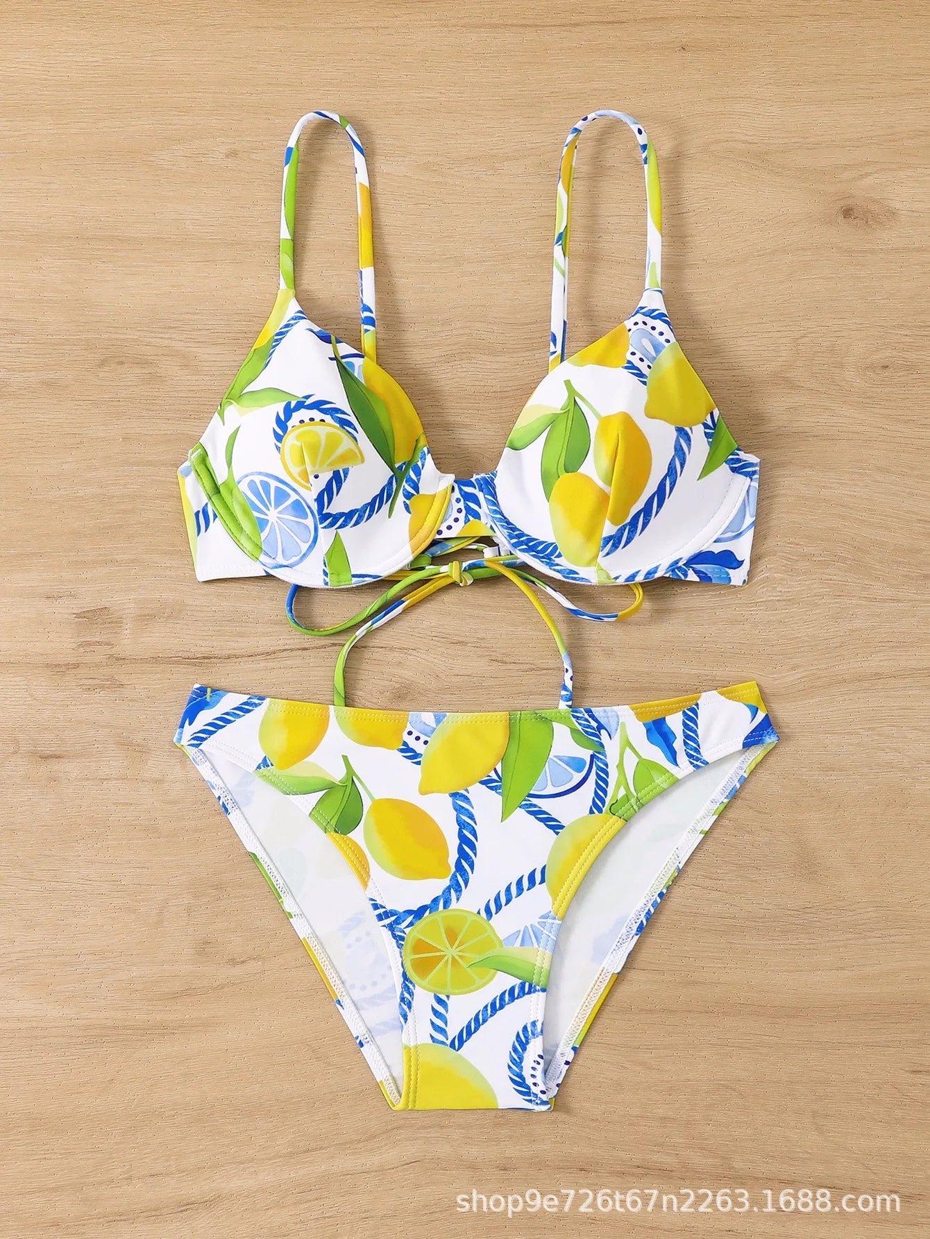 Lemon Print Bikini Set Tropical Two-Piece Swimwear Cheeky Panties Triangle Top Strapswear