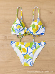 Lemon Print Bikini Set Tropical Two-Piece Swimwear Cheeky Panties Triangle Top Strapswear