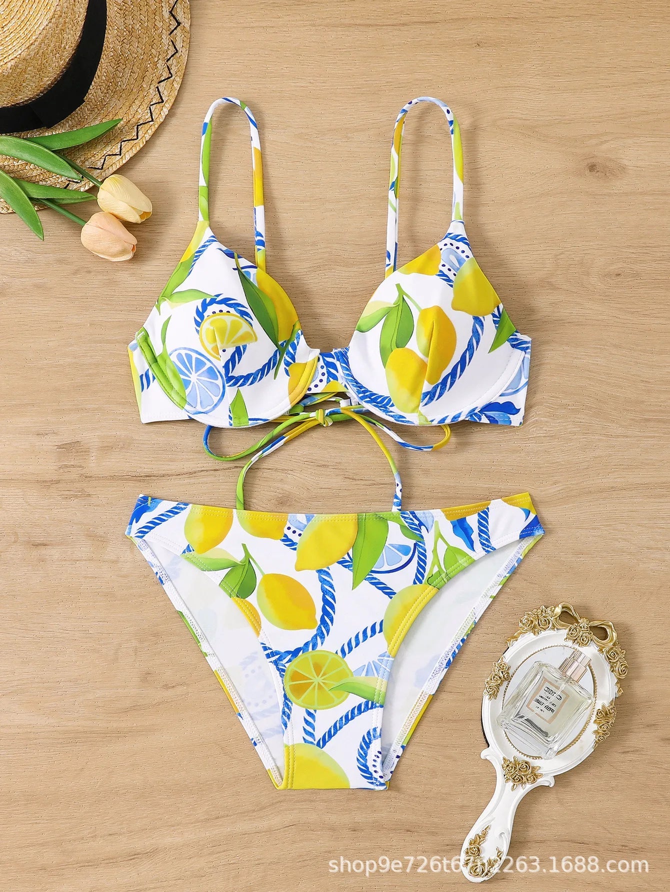 Lemon Print Bikini Set Tropical Two-Piece Swimwear Cheeky Panties Triangle Top Strapswear