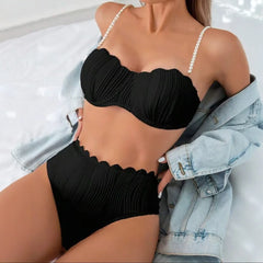Solid Bikini Set Triangle Shell Print Two Piece Swimwear Bathing Suit Solid Color Swim