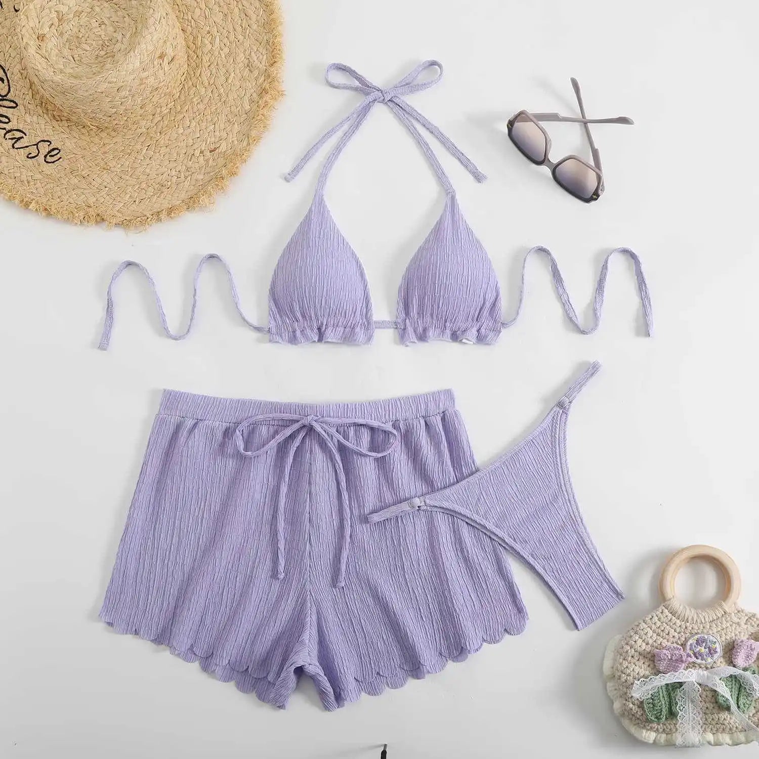 Solid Color 3-Piece Bikini Set Swimwear Cover Up & Panties Sets