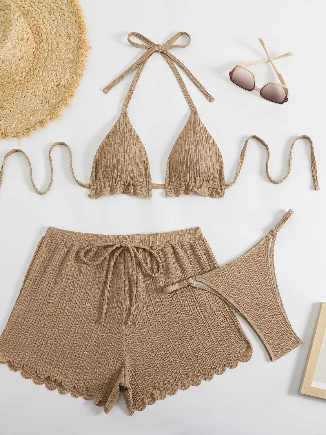 Solid Color 3-Piece Bikini Set Swimwear Cover Up & Panties Sets