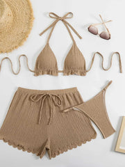 Solid Color 3-Piece Bikini Set Swimwear Cover Up & Panties Sets