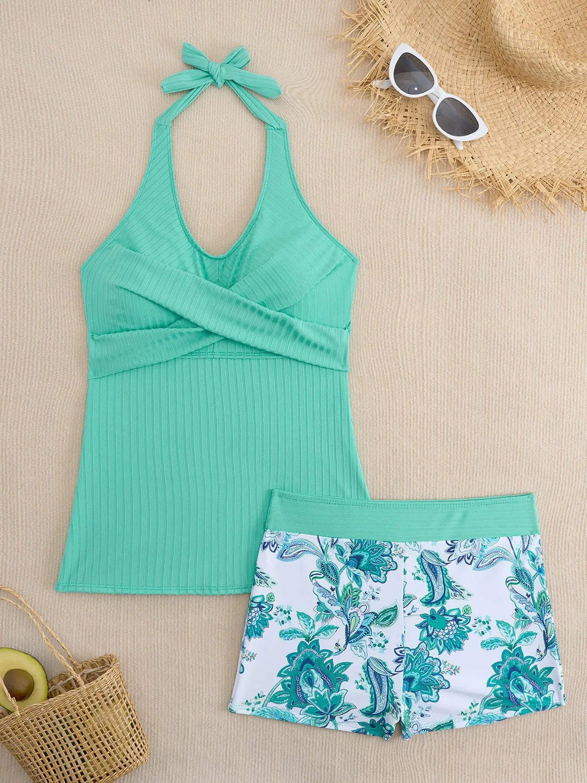 Solid Tankini Set Two Piece Swimwear Bikini & Cover Up Halter Tops Floral Panties 2PCS