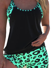 Strap Patchwork Tankini Set Modest Swimsuir with Printed Two-Piece Conservative Swimwear