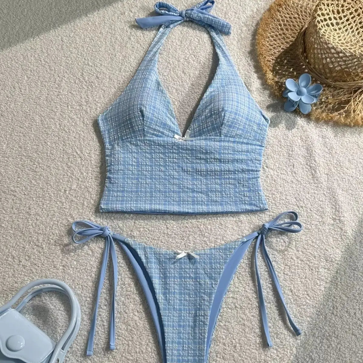 Floral Halter Bikini Backless Swimwear with Tie Detail Strappy Two Piece Bathing Suit