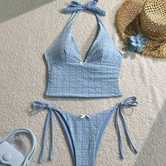 Floral Halter Bikini Backless Swimwear with Tie Detail Strappy Two Piece Bathing Suit