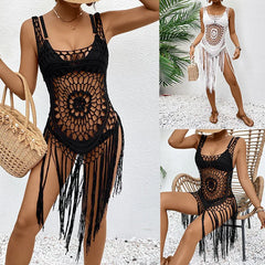 Handmade Crochet Dress Bohemian Fringe Cover Up Lace Cover Up Dress with Adjustable Ties Tassels Dress