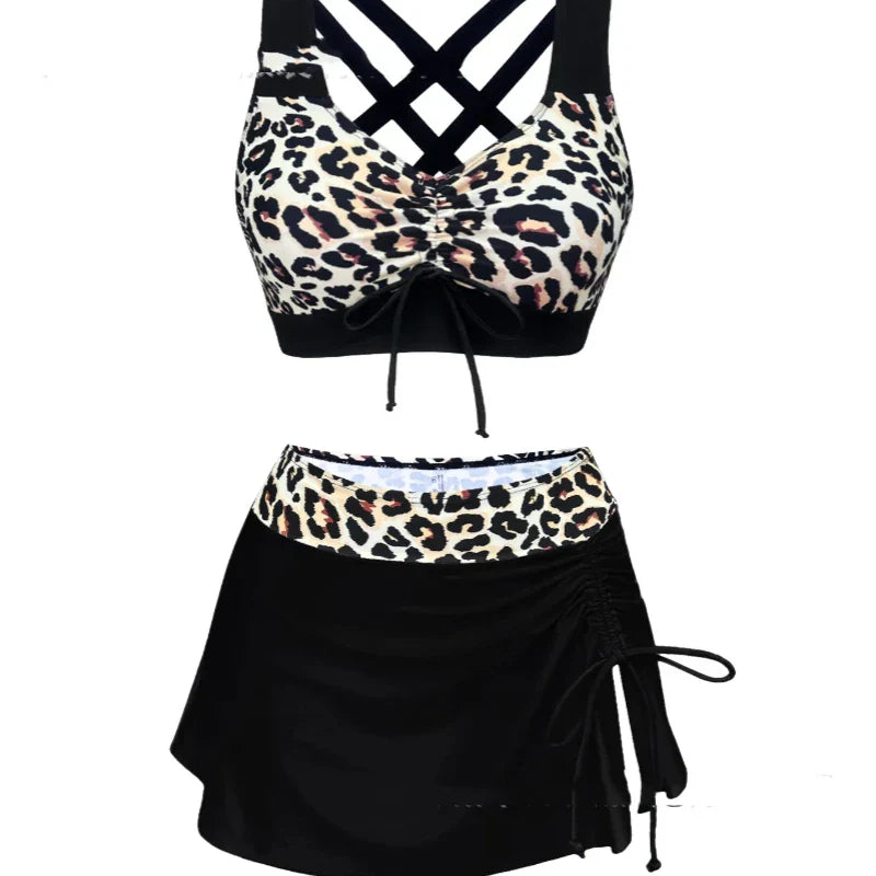 Leopard Printed Premium Bikini Set 3-Piece Swimwear Cover Up Panties Swim
