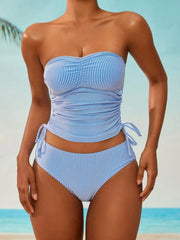 Trendy Tankini Swimsuit Set Blue Striped Two Piece Bathing Suit with Bottoms & Rash Guard Top Two Piece