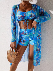 3-Piece Swimwear Set Printed Rash Guard & Swim Bandage Bikini Sets Long Sleeve See Through Shirts