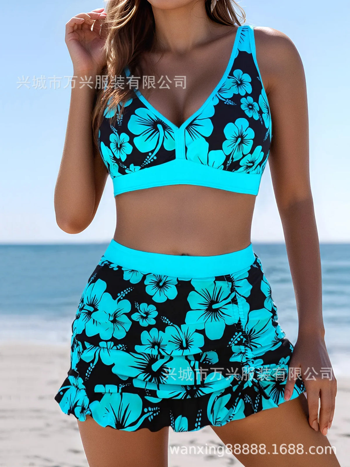 Bikini Set Floral Print 3-Piece Swimsuit Bottom & Cover-Up Top Blue Bikini Setwear