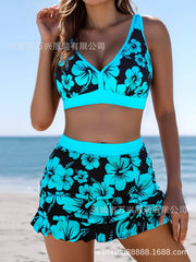 Bikini Set Floral Print 3-Piece Swimsuit Bottom & Cover-Up Top Blue Bikini Setwear