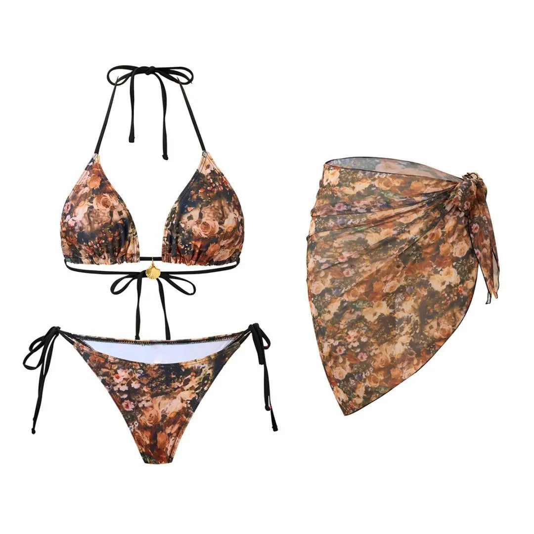 See Through Chiffon Cover-Up Set 3-Piece Bikini Sets with Wrap Miniwear