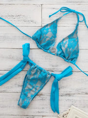 Solid Lace Micro Bikini Set 3-Piece Swimwear Tie-Front High Quality Halter Two Piece Swimsuit