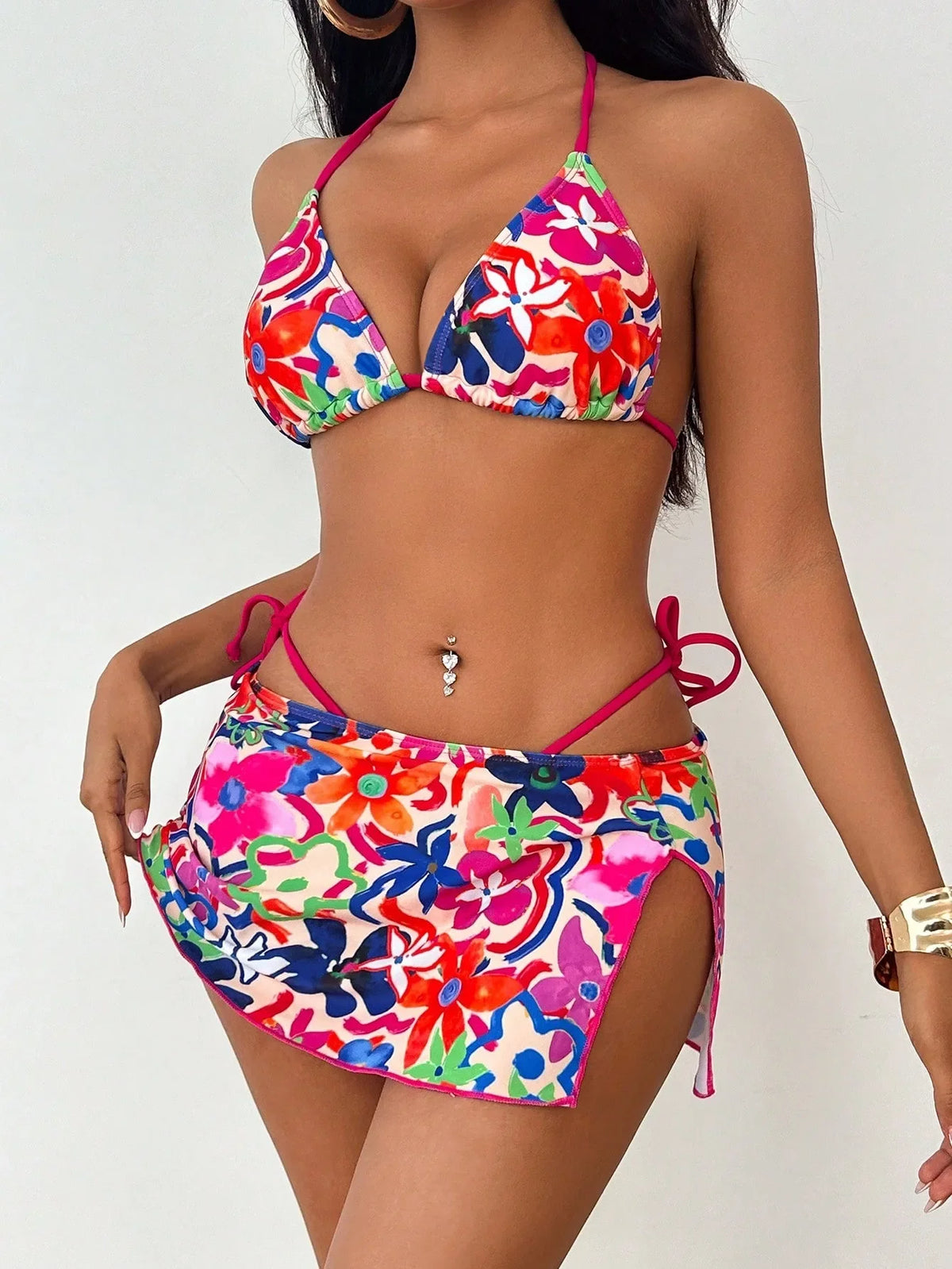 3 Piece Bikini Set Waist Tie Belt & Mini Cover Up Swimsuit Floral Swimsuit Boho
