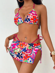 3 Piece Bikini Set Waist Tie Belt & Mini Cover Up Swimsuit Floral Swimsuit Boho