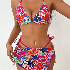 3 Piece Bikini Set Waist Tie Belt & Mini Cover Up Swimsuit Floral Swimsuit Boho