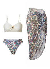 3-Piece Printed Bikini Set Cover-Up Maxi Long See Through Floral Swimsuit Three Piece Suit