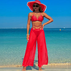 3-Piece Swimsuit Set Bikini with Cover-Up for Black Wide Leg Panties Swimwear