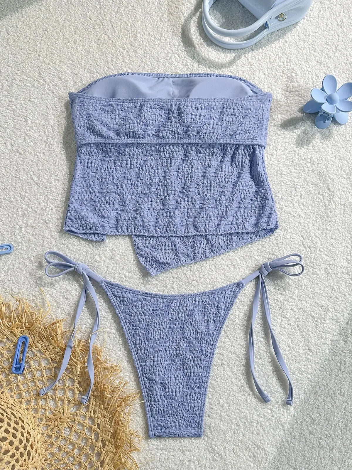 Backless Bandeau Bikini Bow Tie Swimsuit Set Tummy Control Bottom Off Shoulder Two Piece Suit