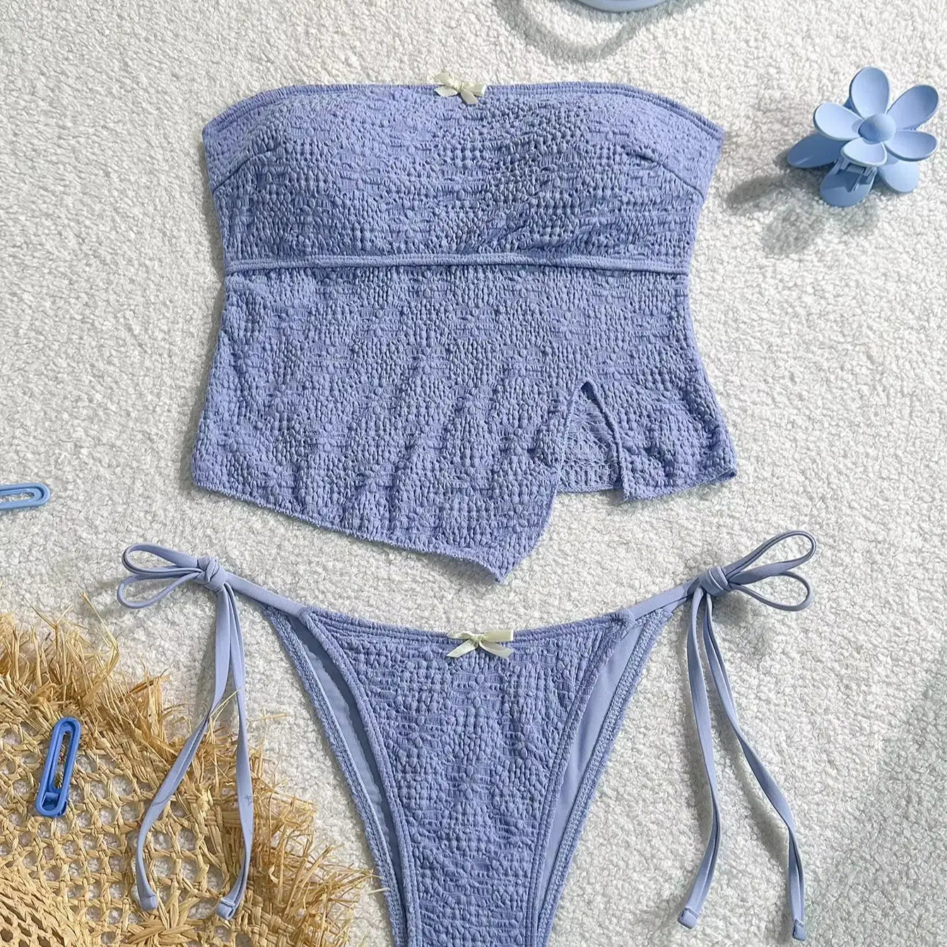 Backless Bandeau Bikini Bow Tie Swimsuit Set Tummy Control Bottom Off Shoulder Two Piece Suit