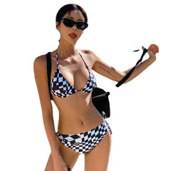 Checkered Bikini Set Short-Sleeve 3-Piece Swimwear Triangle Top & Cheeky Panties Swimsuitwear