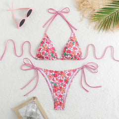 Floral Halter Bikini Set Yet Innocent Two-Piece Swimsuit Adjustable Neck Tie & Panties 2PCS