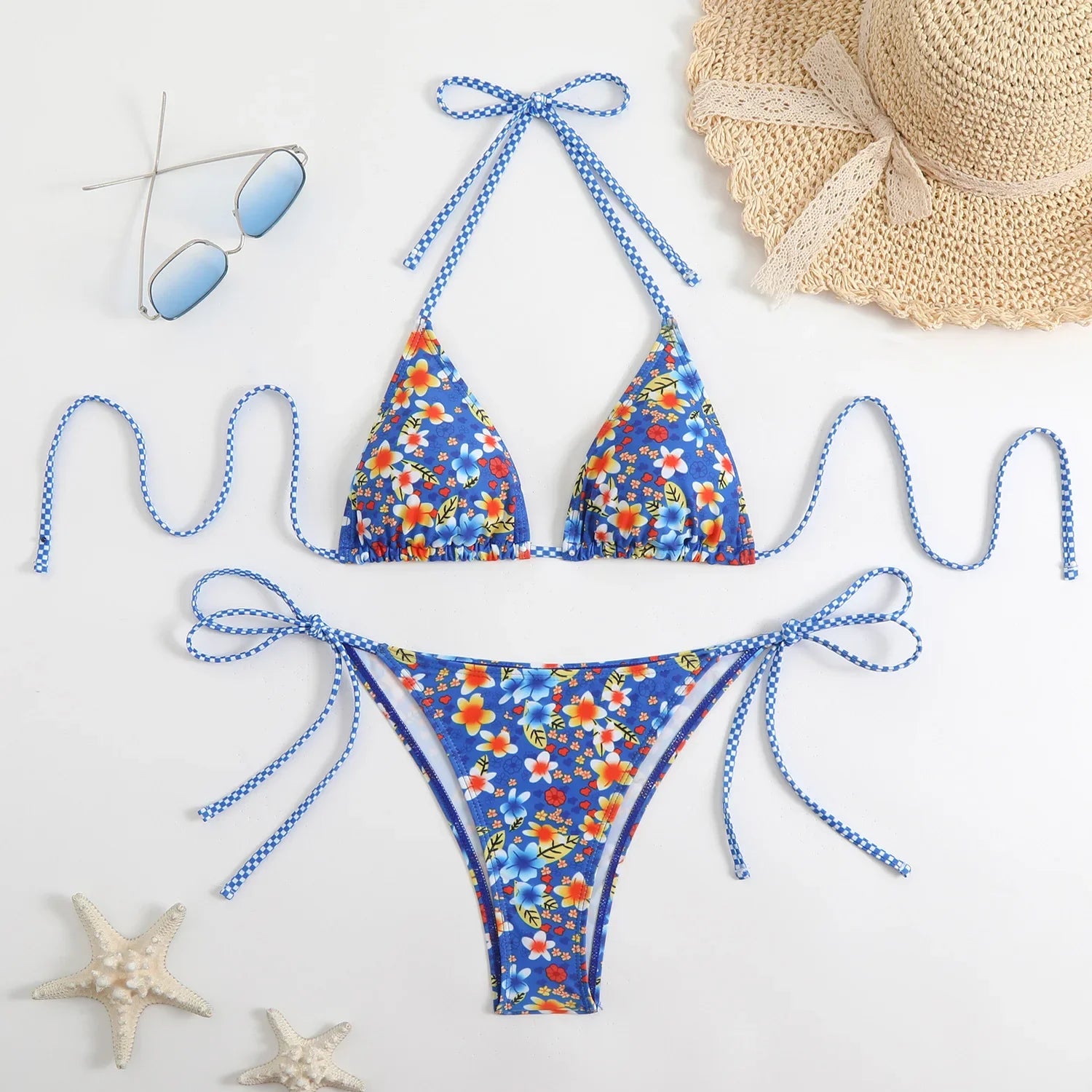 Floral Halter Bikini Set Yet Innocent Two-Piece Swimsuit Adjustable Neck Tie & Panties 2PCS