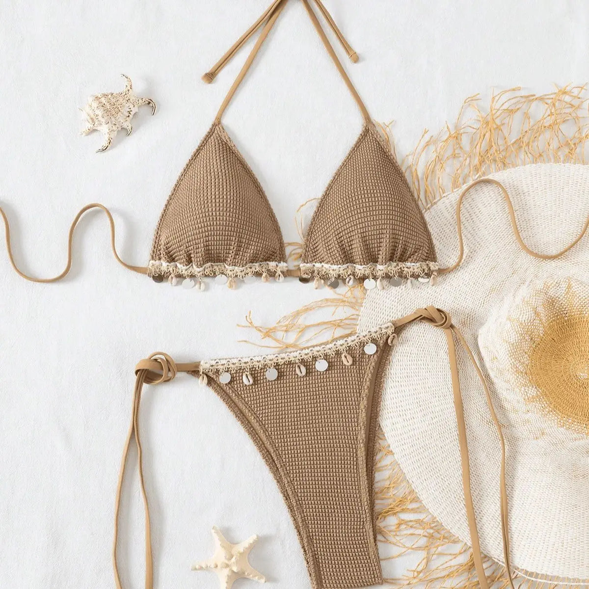 Fringe Open Back Bikini Set Tassel Tie-Front Two-Piece Color Block Swimwear Solid Bandage Bathing Suit