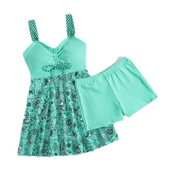 Modest Swim Dress Bikini Set Blue Floral Two-Piece Swimwear with Cover Swim