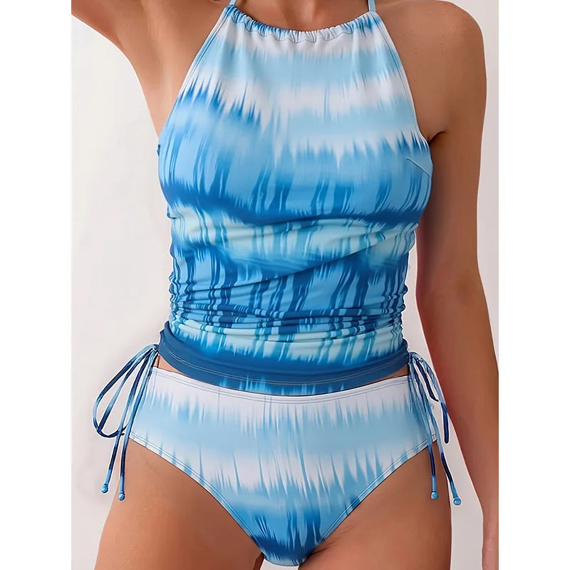 Ombre Print Two-Piece Swimsuit Slimming Conservative Cutout Lace Up Tops Panties Suits