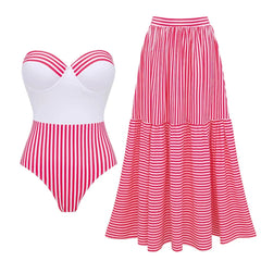One-Piece Swimsuit Red White Stripes Color Block Bikini Cross-Border Popular Swimwear Two Piece Swimsuit