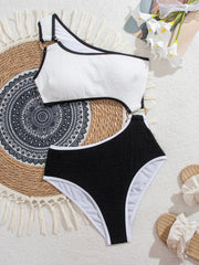 One-Shoulder Two Piece Bikini Sets Swimsuit Cut-Out Swimsuit with Metal Rings Two Pieces