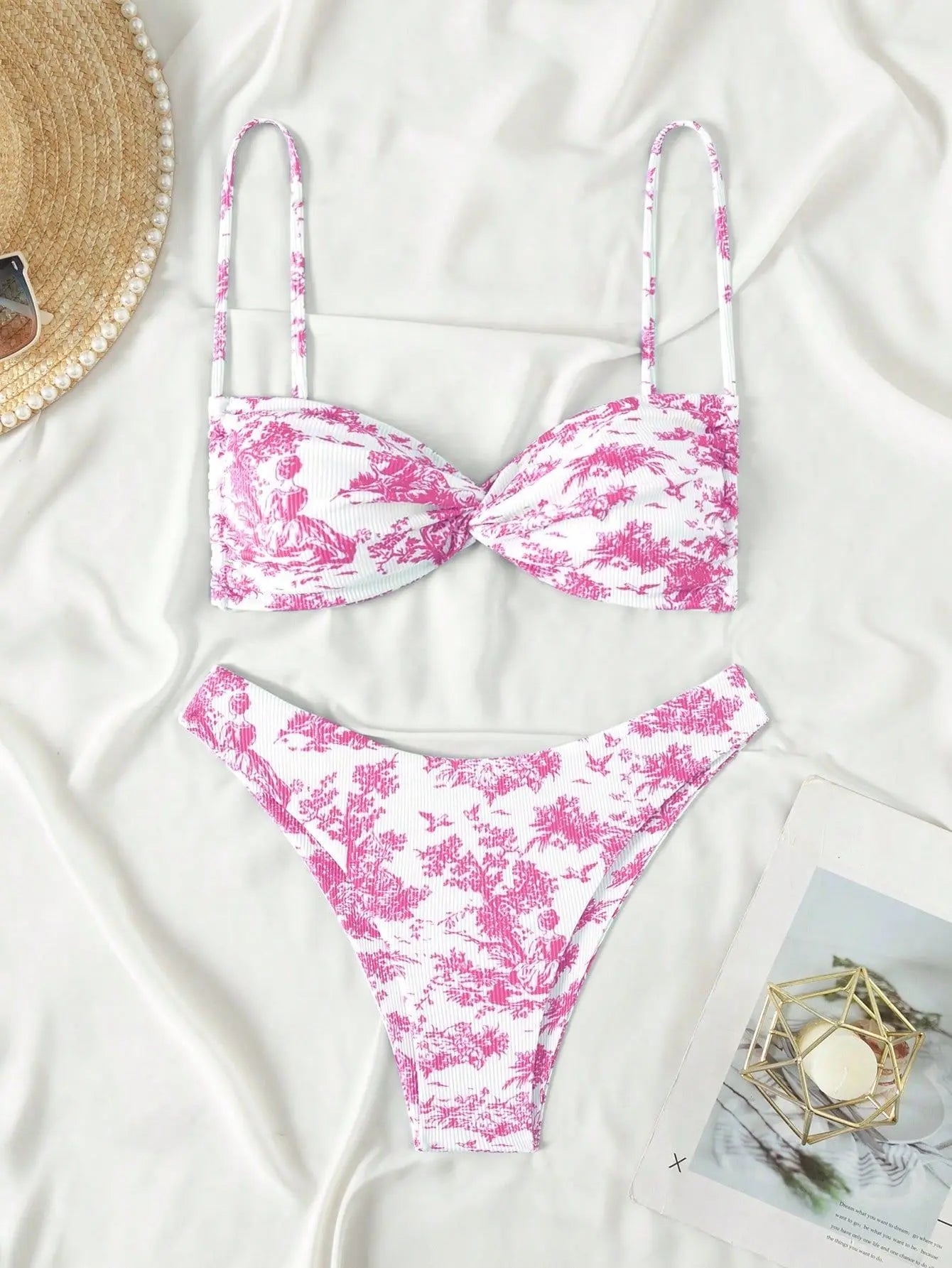 Pink Floral Micro Bikini Set High-End Swimwear with Adjustable Ties Floral Swimwear