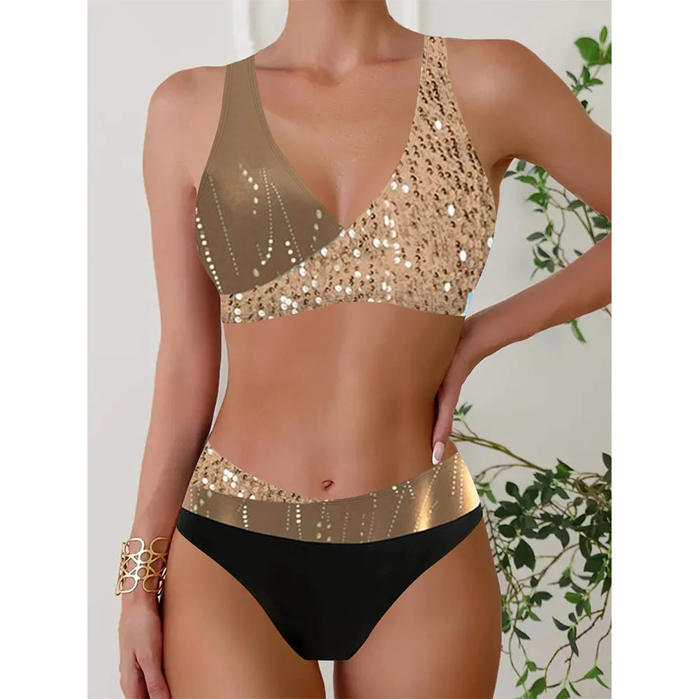 Printed Two-Piece Sport Swimwear Sequins Swimming Panties Set Gold