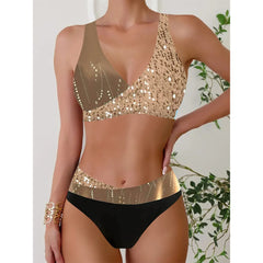 Printed Two-Piece Sport Swimwear Sequins Swimming Panties Set Gold