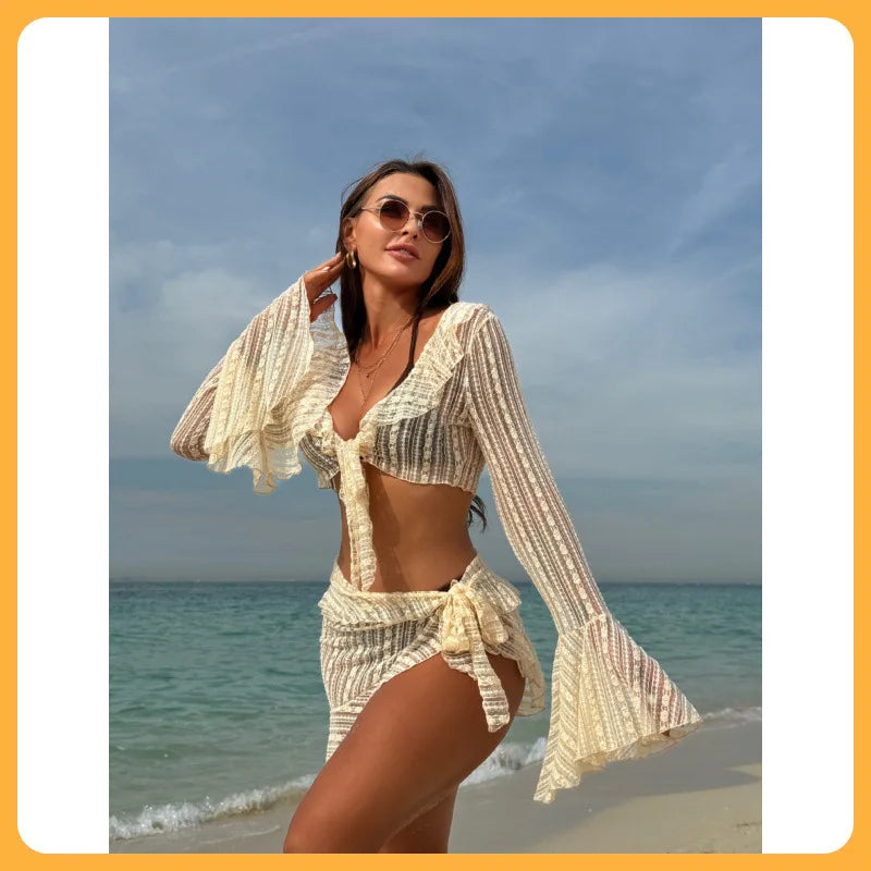 Lace Mesh Bikini Set 4-Piece See-Through Cover Up Swimwear