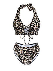 V Neck Sleeveless Leopard Print Bikini Set Push-Up Triangle Top & Cheeky Panties 2 Piece Animal Print Swimwear