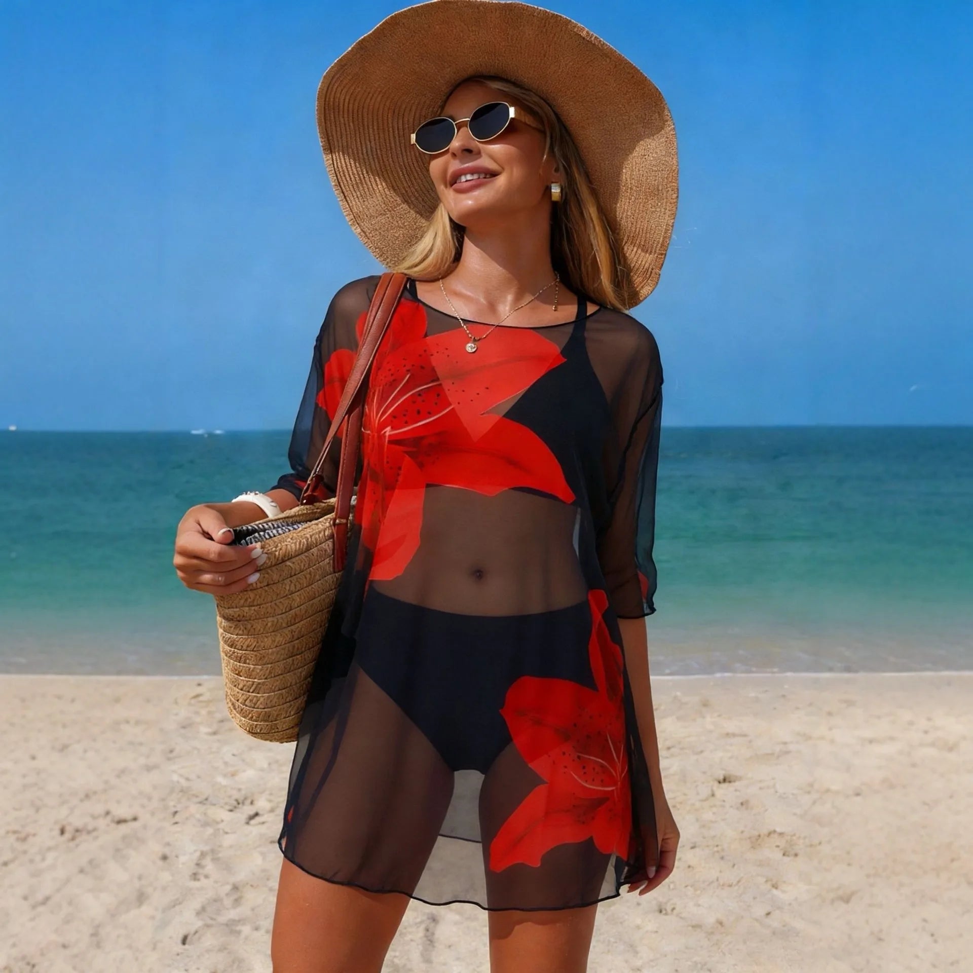 3-Piece Cover-Up Set Sheer Mesh Kimono & Matching Bikini See Through Cover Up Sundress Bikini Set