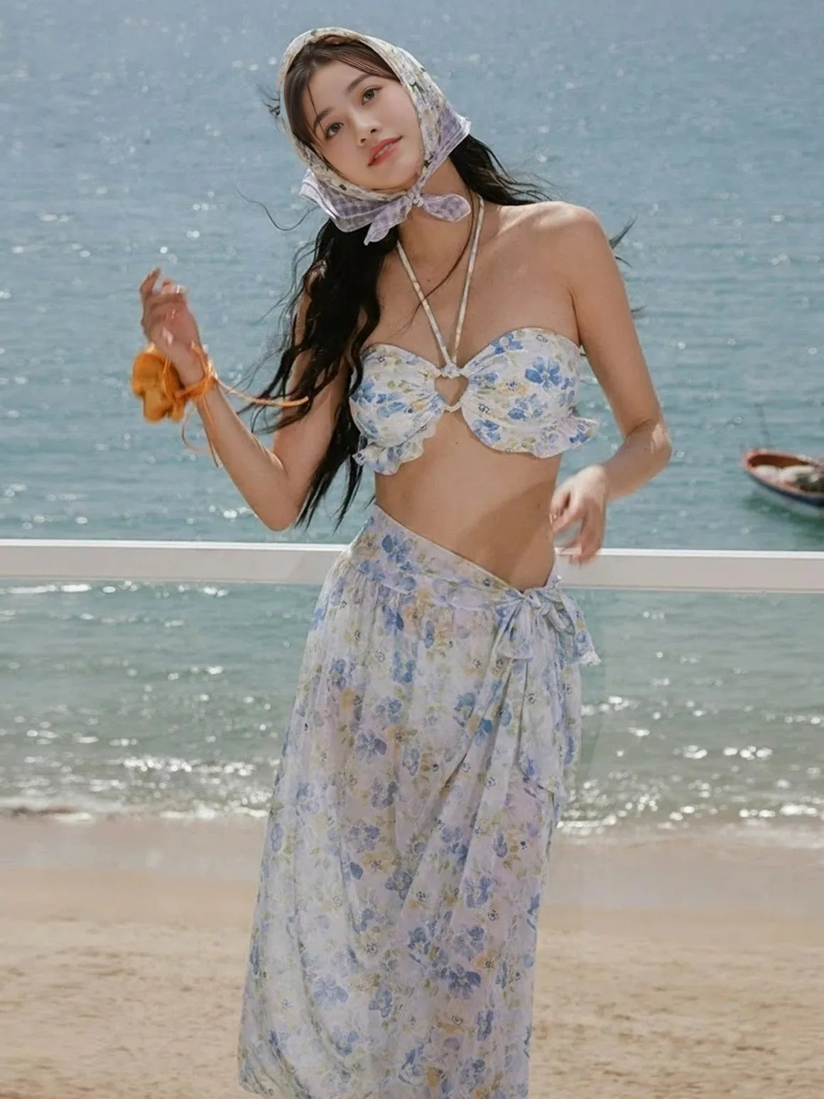 3-Piece Bikini Set Elegant Halter Neck Top Swimsuit Mesh See Through Cover Ups