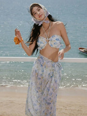 3-Piece Bikini Set Elegant Halter Neck Top Swimsuit Mesh See Through Cover Ups