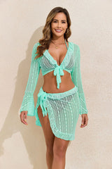 4-Piece Bikini Set with Dress & Long Sleeve Cover Solid See Through Cover Up Swimwears
