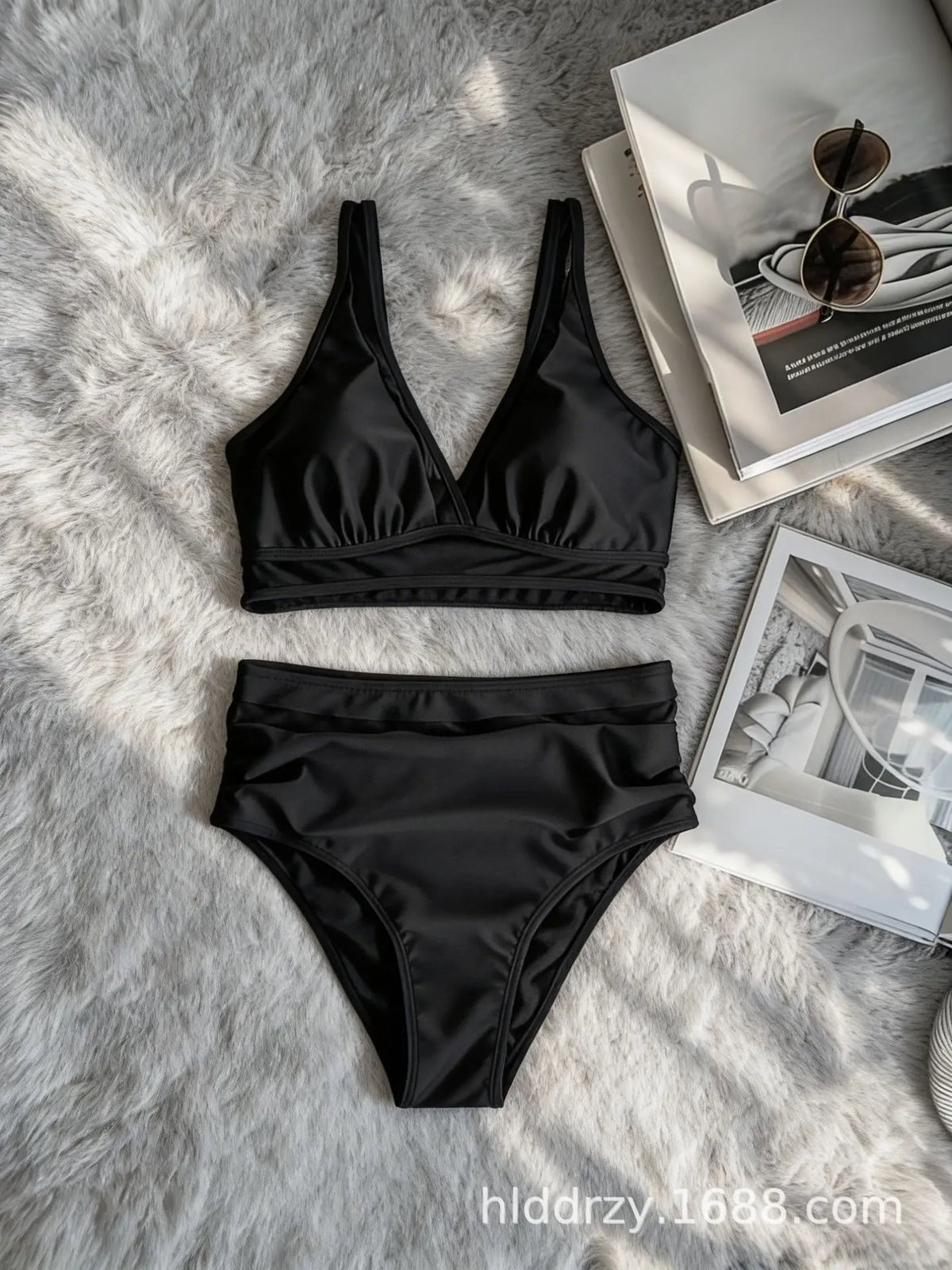 Black Meshed V Neck Two Piece Bikini Set Full Bust Tummy Control Swimwear Swimsuit