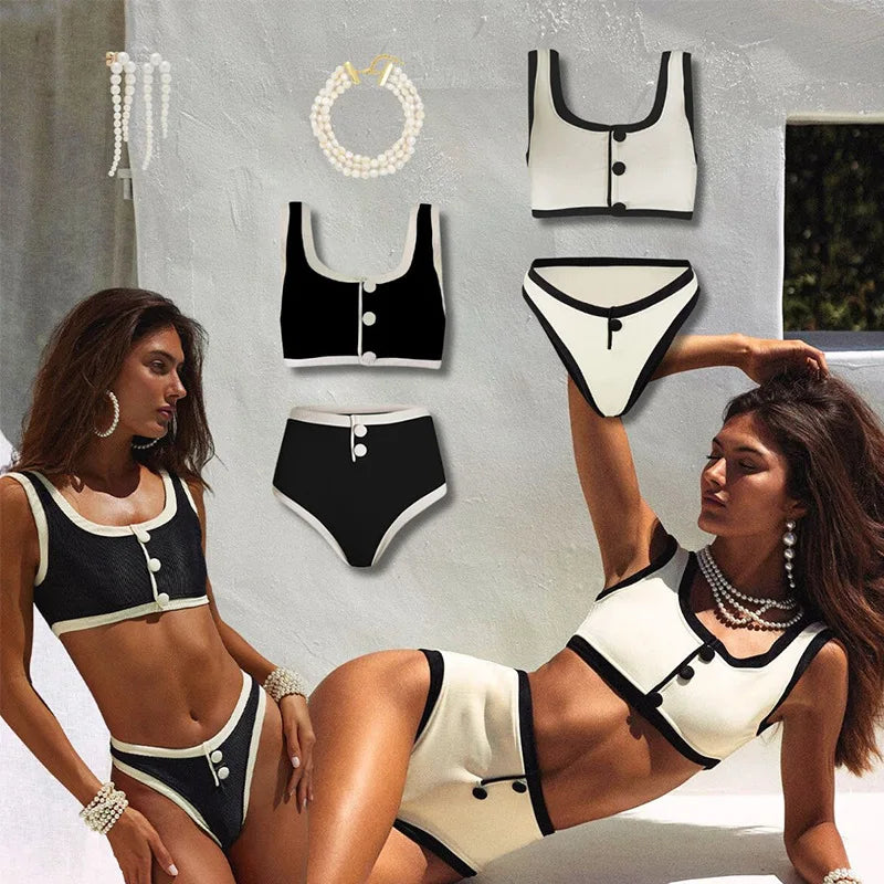 Black Whiteed Bikini Set Two Piece Swimsuit Color Block Minimalist Swimwear