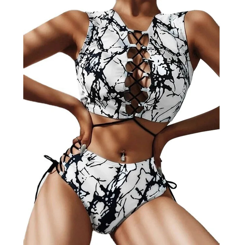 Black White Tie Dye Side Tie Bikini Set Two Piece Swimsuit String Swimwear