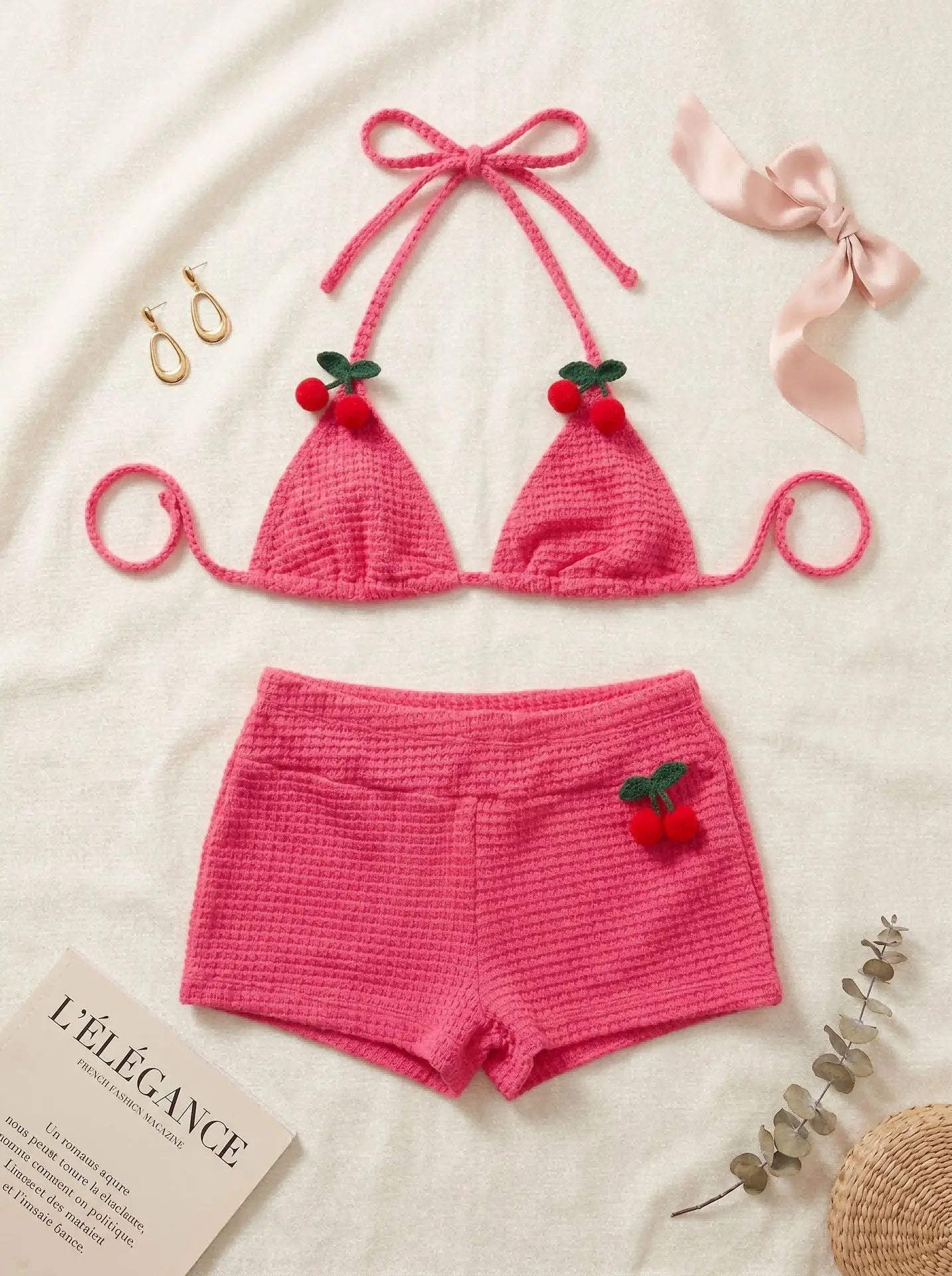 Cherry Print Ribbed Two Piece Bikini Set Cute Swimsuit Set