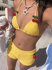Cherry Print Ribbed Two Piece Bikini Set Cute Swimsuit Set